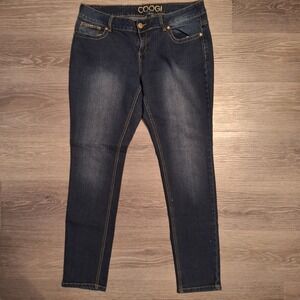 Coogi Womens Dark Wash Skinny Jeans Gold Cross Embroidery Size 16W